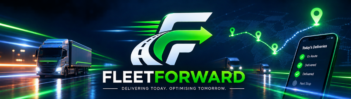 FleetForward — trucks on a night highway with live delivery tracking